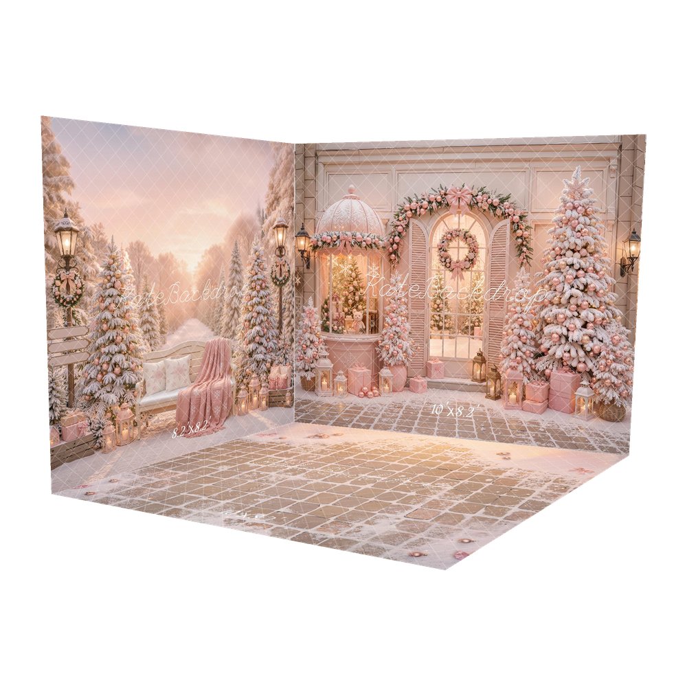 Kate Christmas Shop Pink Snowy Trees Garland Wreath Gift Boxes Printed Backdrop Room Set