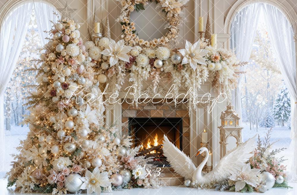 Kate Christmas Tree Fireplace Floral Swan Poinsettia Gold Printed Backdrop Designed by Mini MakeBelieve