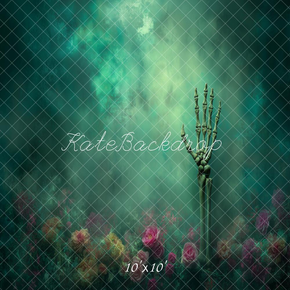 Kate Halloween Skeleton Hand Green Mist Floral Fog Printed Backdrop Designed by Angela Miller