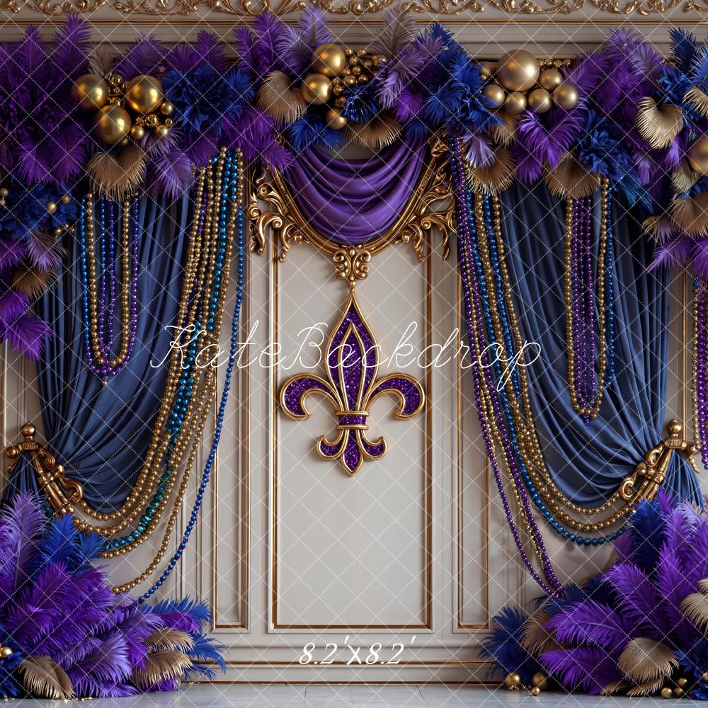 Kate Mardi Gras Fleur De Lis Purple Gold Beads Floral Curtain Backdrop Designed by Mini MakeBelieve