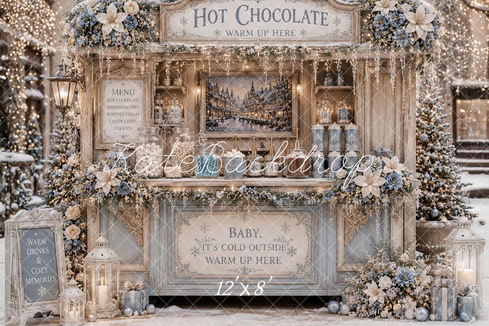 Kate Christmas Hot Chocolate Stand Snowy Floral Stand Blue Printed Backdrop Designed by Ashley Paul