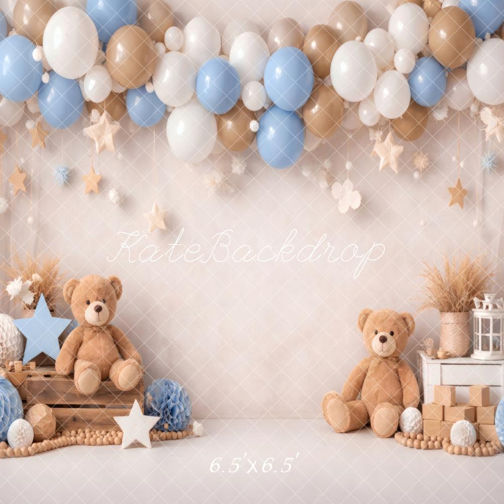 Kate Cake Smash Teddy Bear Blue Brown Balloons Stars Printed Backdrop Designed by Vertigo Productions