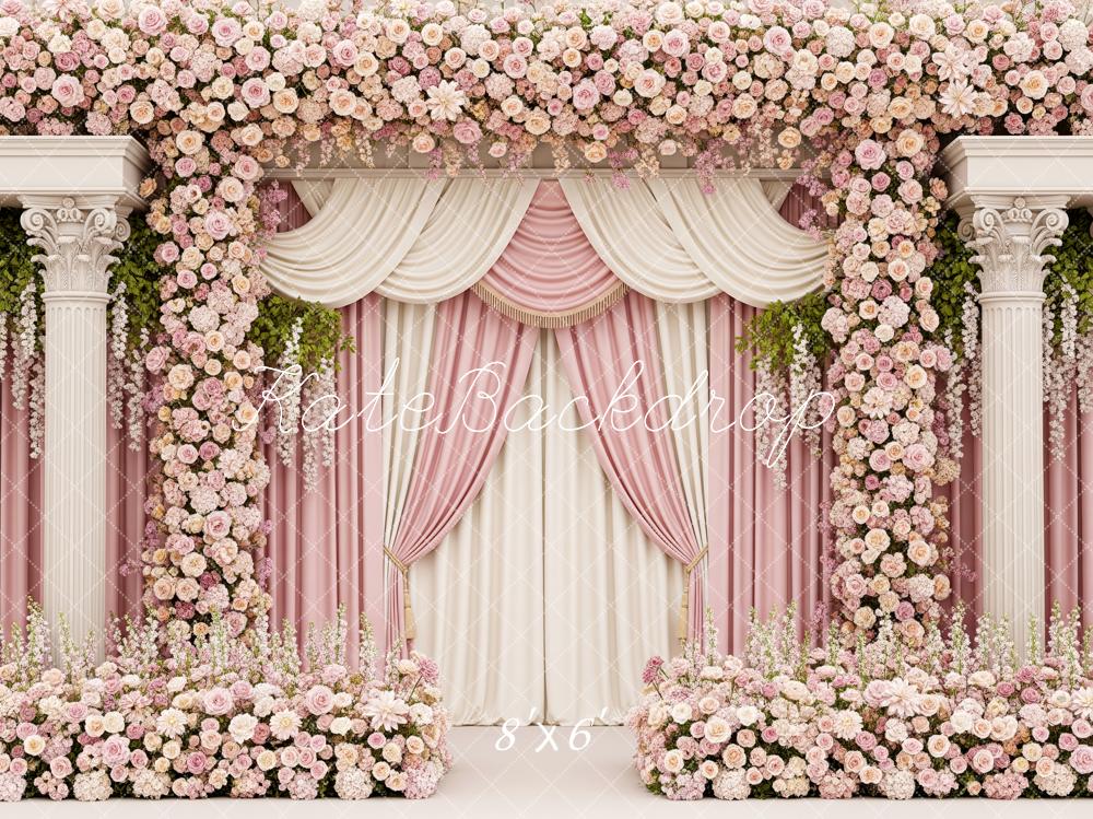 Kate Mother's Day Flower Arch Pink Rose Columns Drapes Backdrop Designed by Patty Roberts