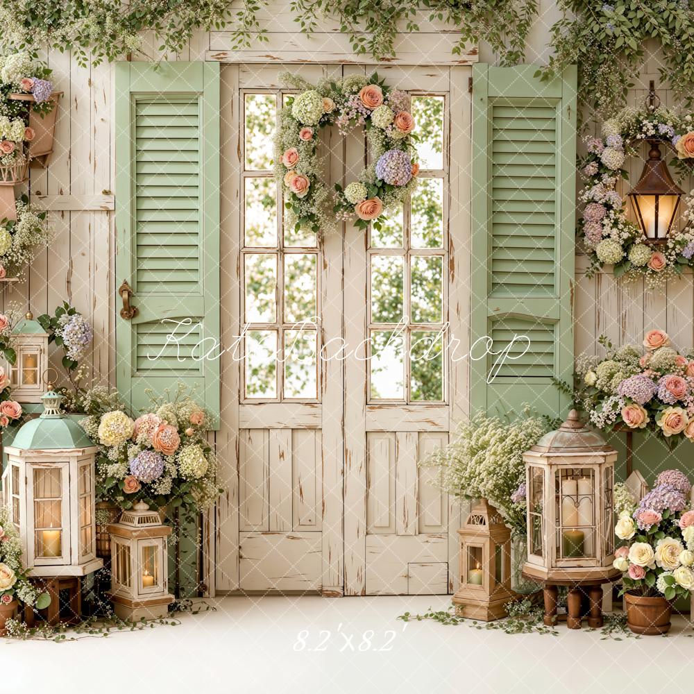 TEST Kate Spring Floral Garden Door Lanterns Wreath Green Shutters Backdrop Designed by Emetselch