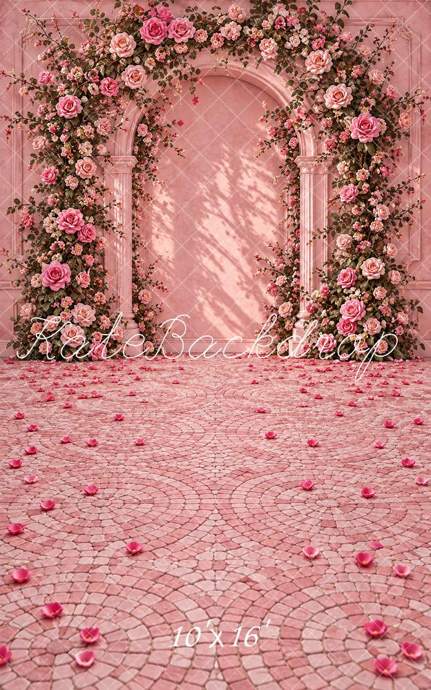 Kate Sweep Wedding Pink Flower Arch Cobblestone Floor Printed Backdrop Designed by Vertigo Productions