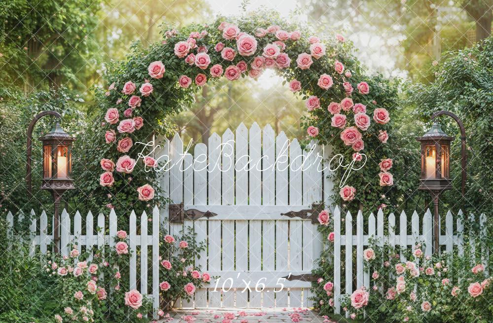 Kate Spring Valentines Flower Arch White Picket Fence Lantern Backdrop Designed by Emetselch