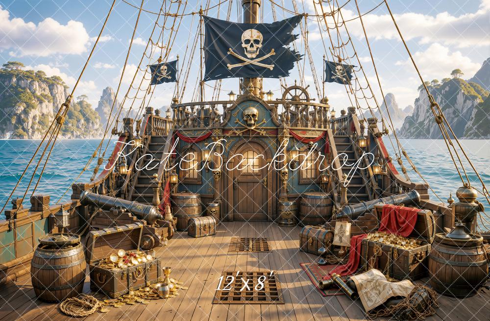 Kate Adventure Pirate Ship Treasure Ocean Deck Printed Backdrop Designed by Emetselch