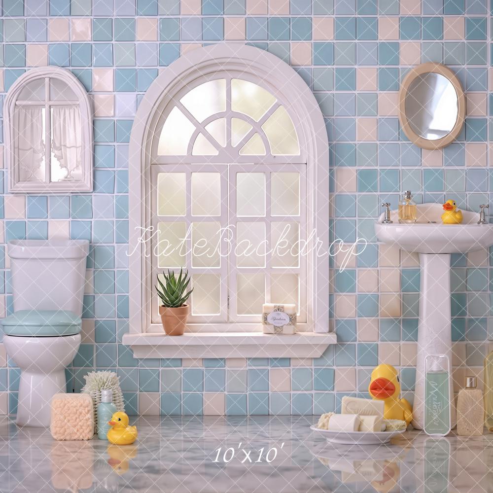 Kate Summer Blue Bathroom Tile Window Sink Toilet Rubber Duck Printed Backdrop Designed by Emetselch