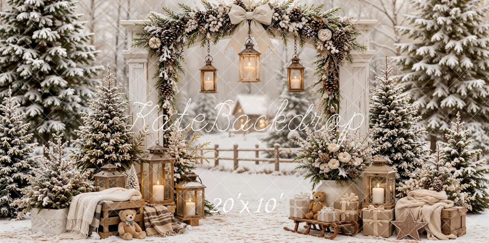 Kate Christmas Snowy Forest Arch Lanterns Gifts Sled Plaid Printed Backdrop Designed by Emetselch