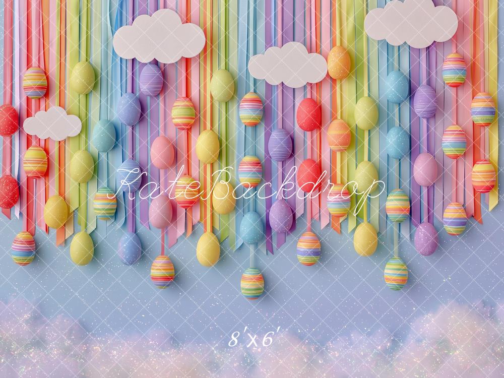 Kate Easter Kids Hanging Eggs Rainbow Clouds Printed Backdrop Designed by Angela Miller