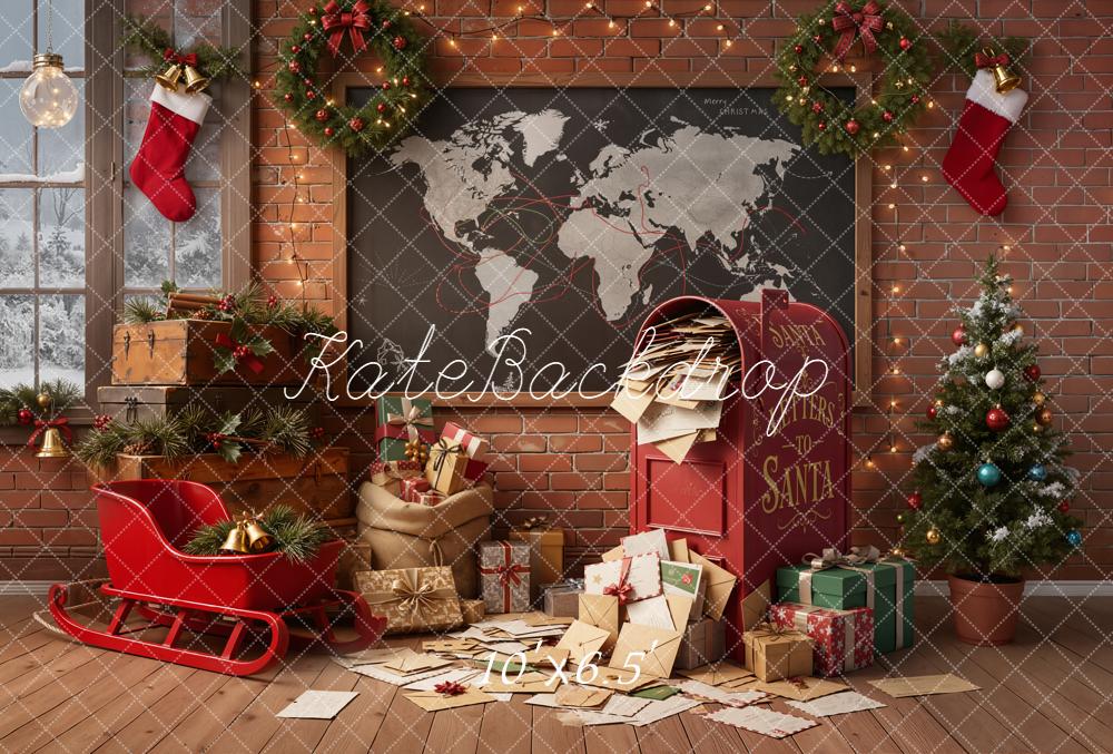 Kate Christmas Santa's Workshop Letters Sleigh Gifts Red Brick Wall Backdrop Designed by Emetselch