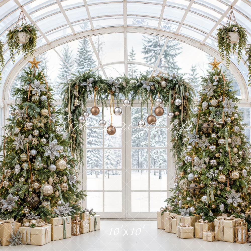 Kate Christmas Greenhouse Trees Garland Gifts Gold Ornaments Printed Backdrop Designed by Emetselch
