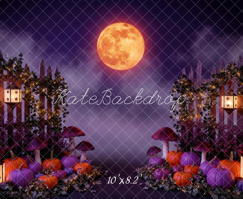Kate Halloween Garden Full Moon Pumpkins Lanterns Mushrooms Backdrop Designed by Patty Roberts