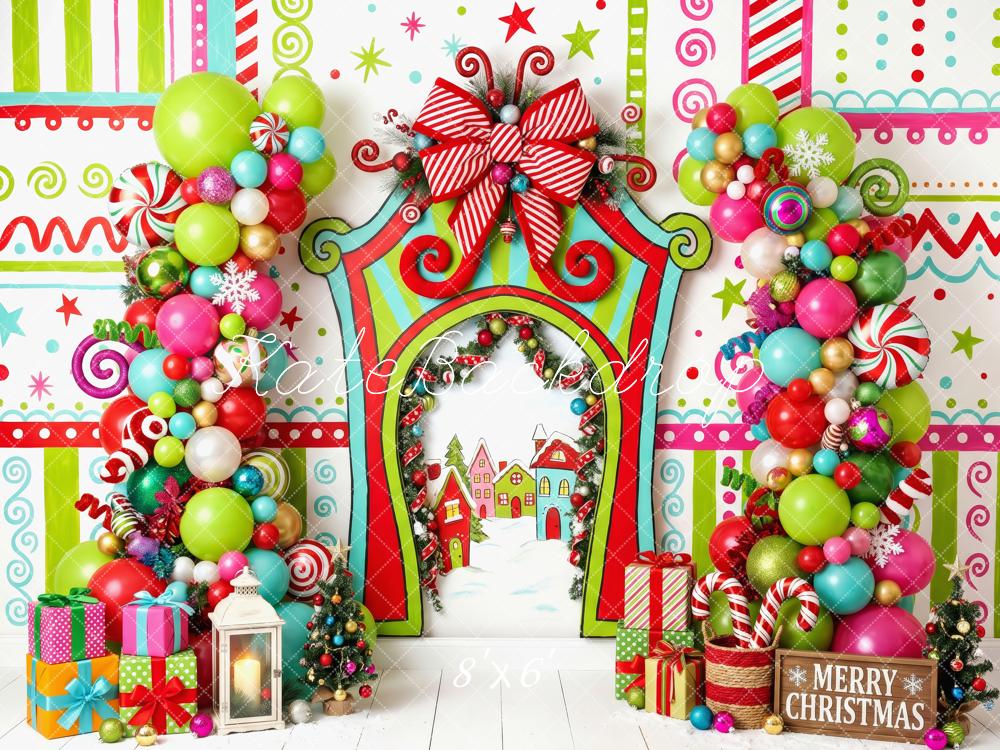 Kate Christmas Cake Smash Whimsical Candyland Balloon Arch Presents Printed Backdrop Designed by Patty Roberts