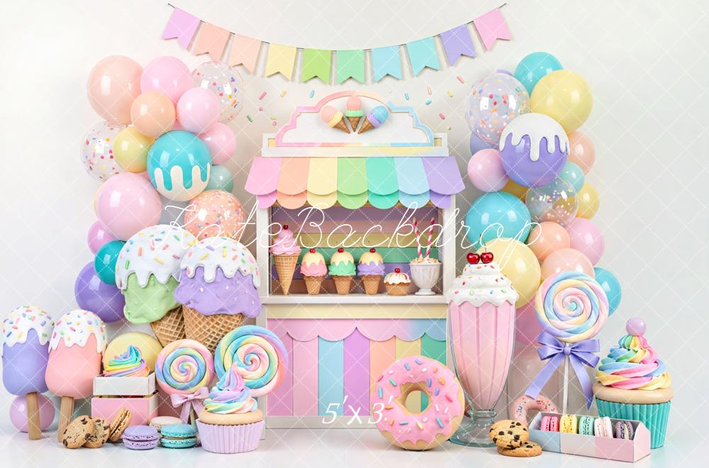 Kate Cake Smash Pastel Ice Cream Candy Dessert Stand Printed Backdrop Designed by Mini MakeBelieve