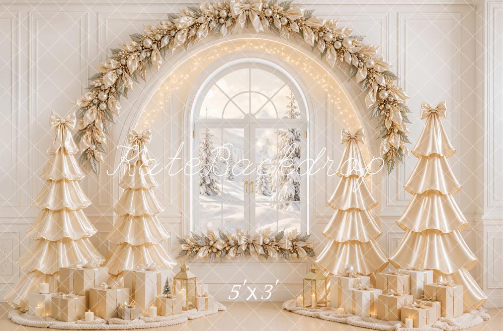 Kate Christmas Gold Satin Trees Garland Window Gifts Printed Backdrop Designed by Emetselch
