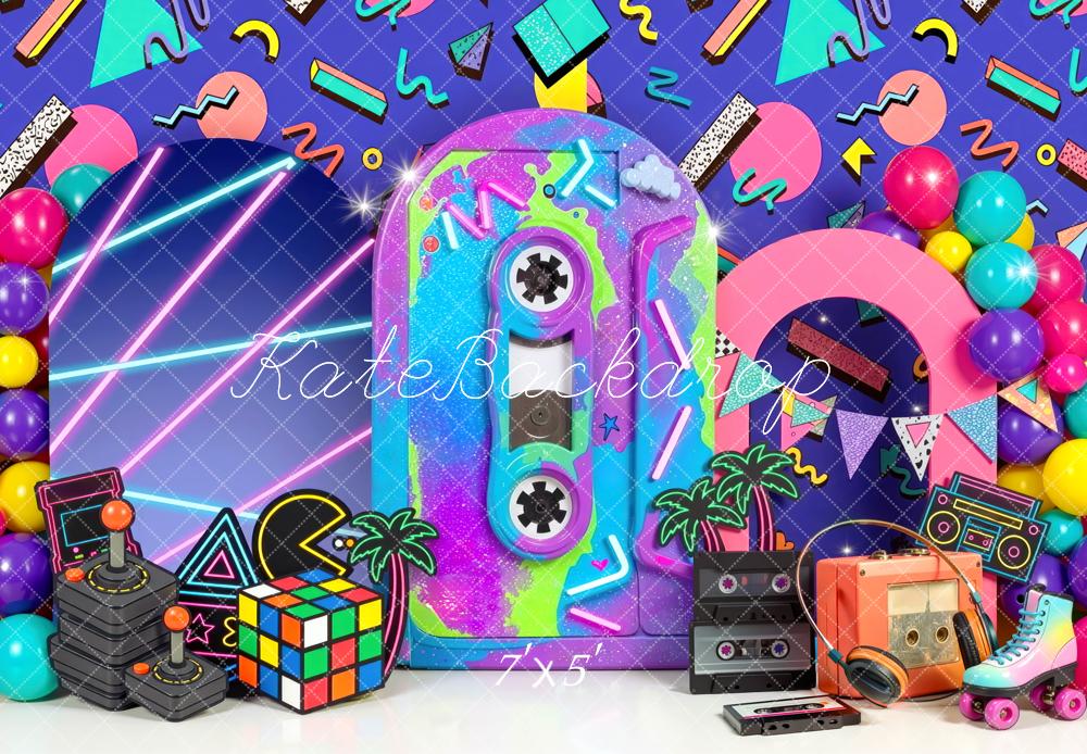 Kate Birthday Retro 80s Neon Arcade Boombox Printed Backdrop Designed by Mini MakeBelieve