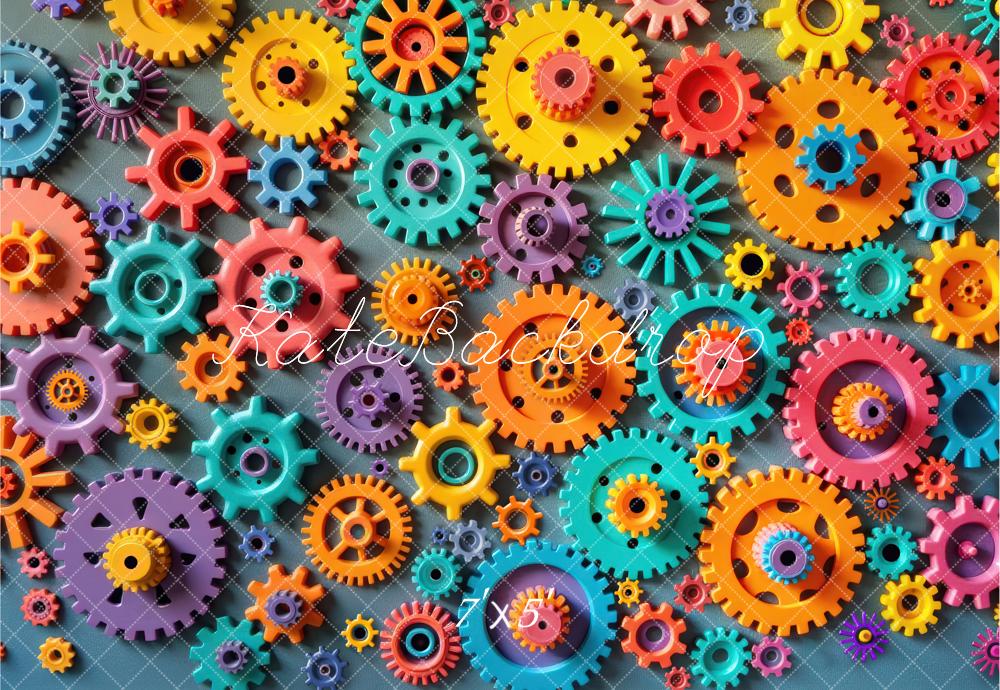 Kate Colorful Gears and Cogs Pattern Printed Backdrop Designed by Laura Bybee