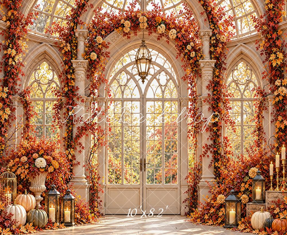 Kate Fall Gothic Greenhouse Pumpkins Flower Arch Orange Leaves Printed Backdrop Designed by Emetselch