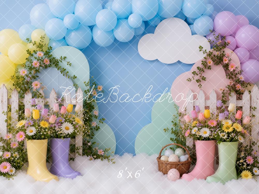 Kate Easter Rain Boots Floral Balloon Arch Picket Fence Printed Backdrop Designed by Ashley Ward