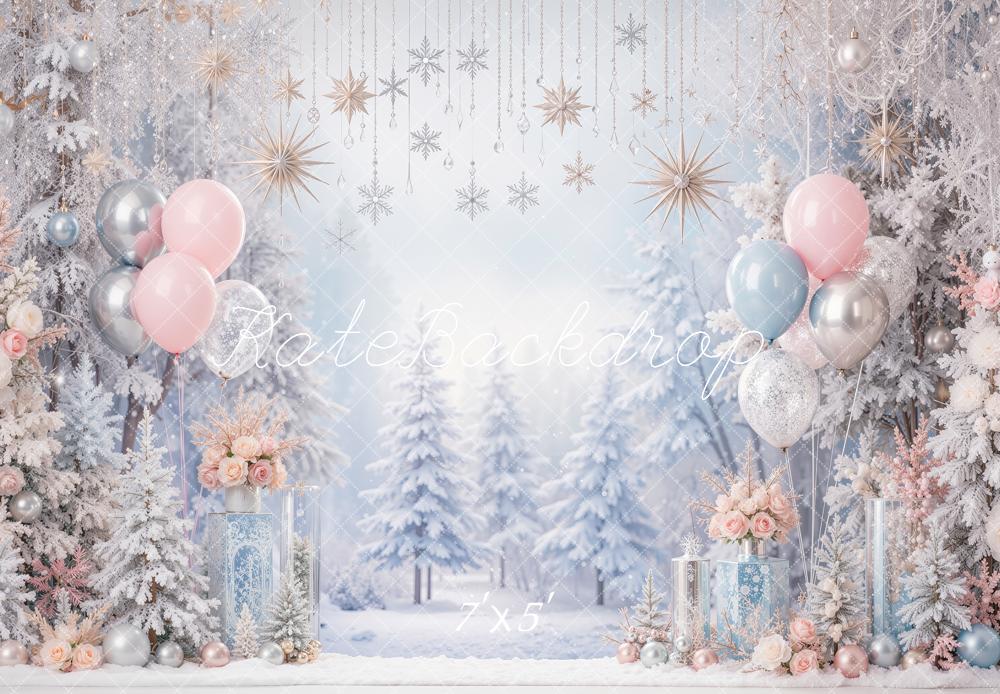 Kate Christmas Snowy Trees Balloons Ornaments Printed Backdrop Designed by Shutter Swan Studios