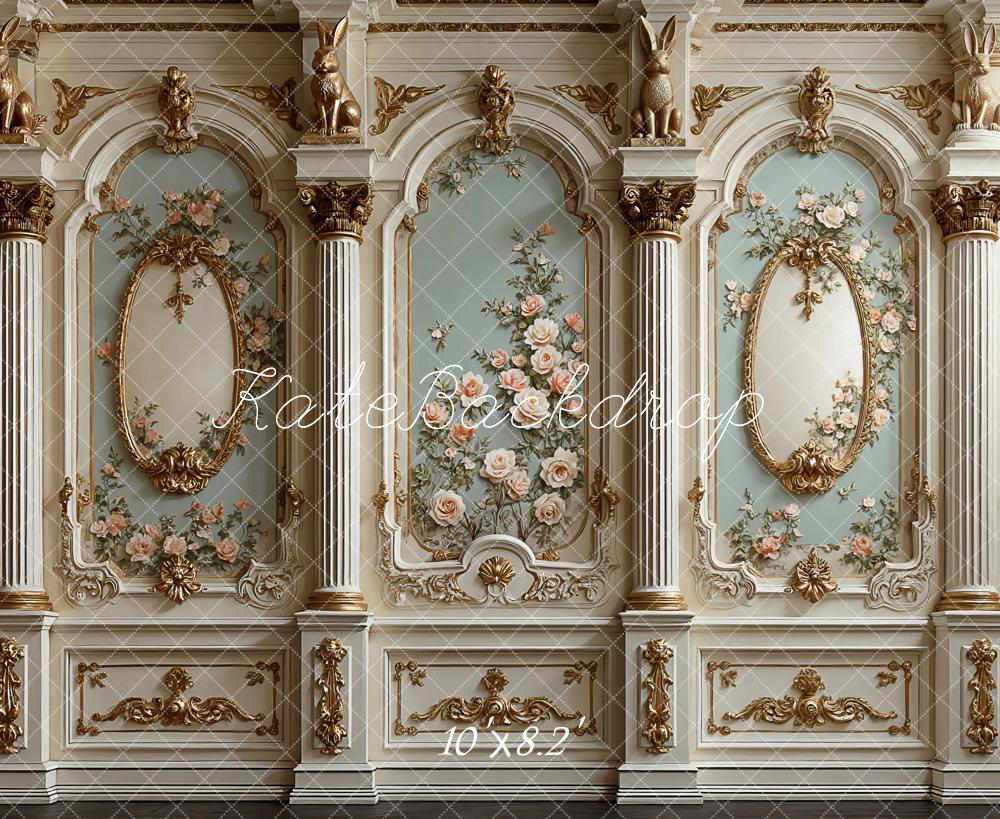 Kate Vintage Ornate Wall Floral Columns Rabbits Printed Backdrop Designed by Mini MakeBelieve
