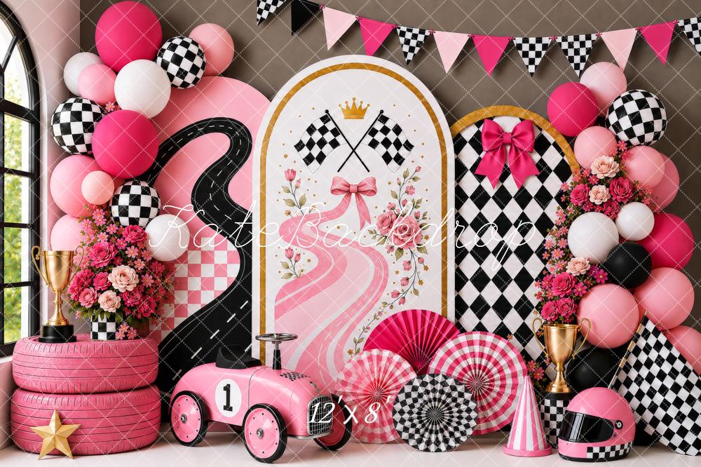 Kate Cake Smash Pink Racing Car Checkered Flag Floral Printed Backdrop Designed by Shutter Swan Studios