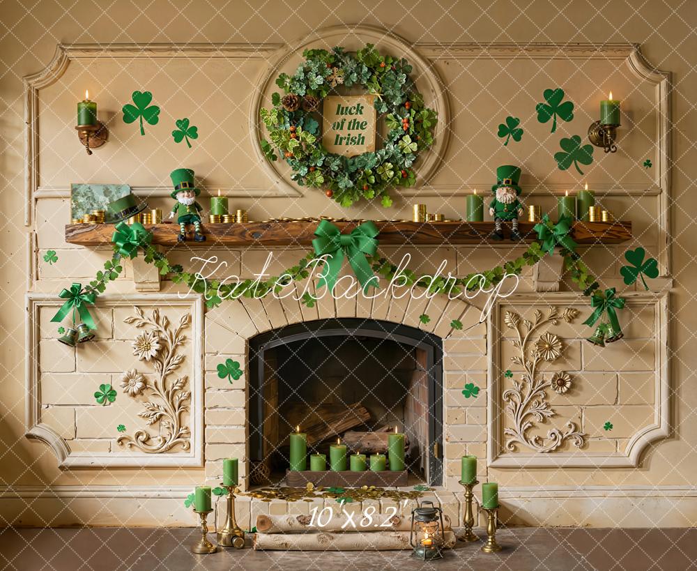 Kate St. Patrick's Day Fireplace Shamrock Green Wreath Printed Backdrop Designed by Emetselch