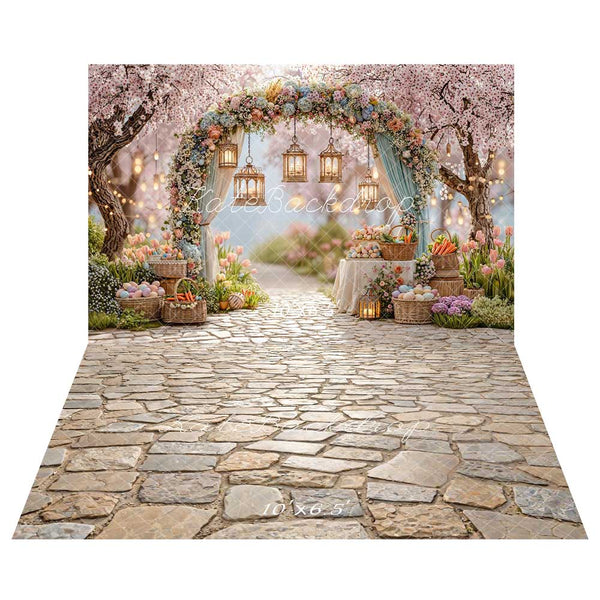 Kate Easter Spring Flower Arch Pastel Eggs Lanterns Garden Pink Printed Backdrop+Cobblestone Floor Printed Backdrop