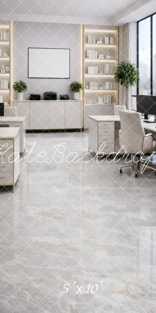 Kate Sweep Modern Office Bookshelves Cabinets White Desk Printed Backdrop Designed by Vertigo Productions