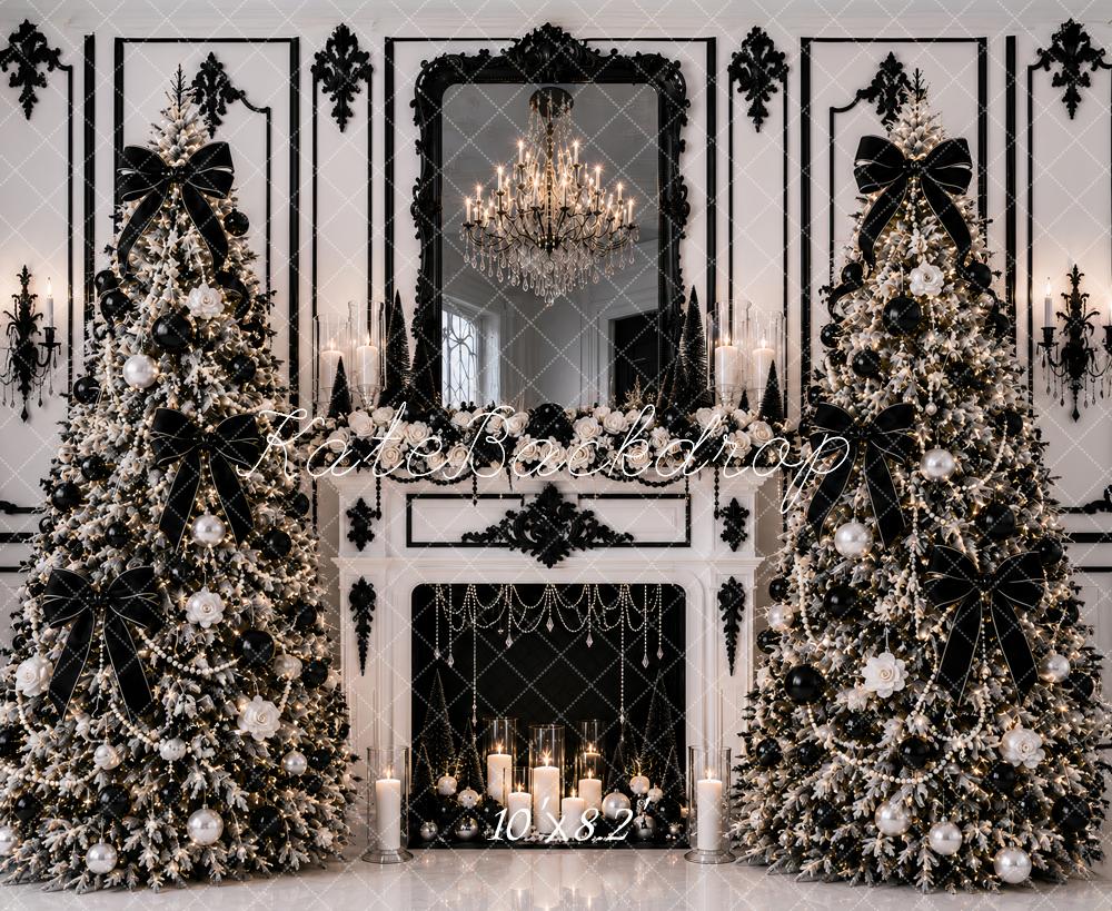 Kate Christmas Posh Black White Trees Fireplace Chandelier Printed Backdrop Designed by Ashley Paul