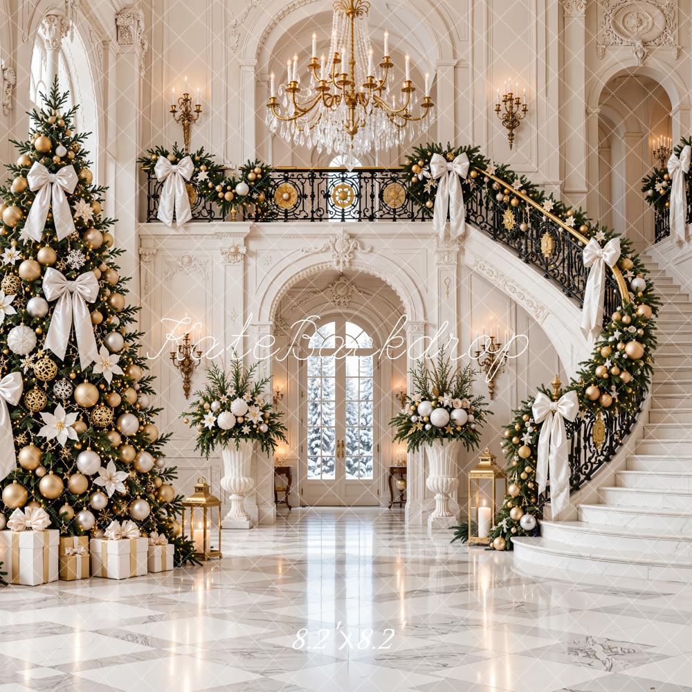 Kate Christmas Tree White Bow Grand Staircase Luxury Mansion Printed Backdrop Designed by Emetselch