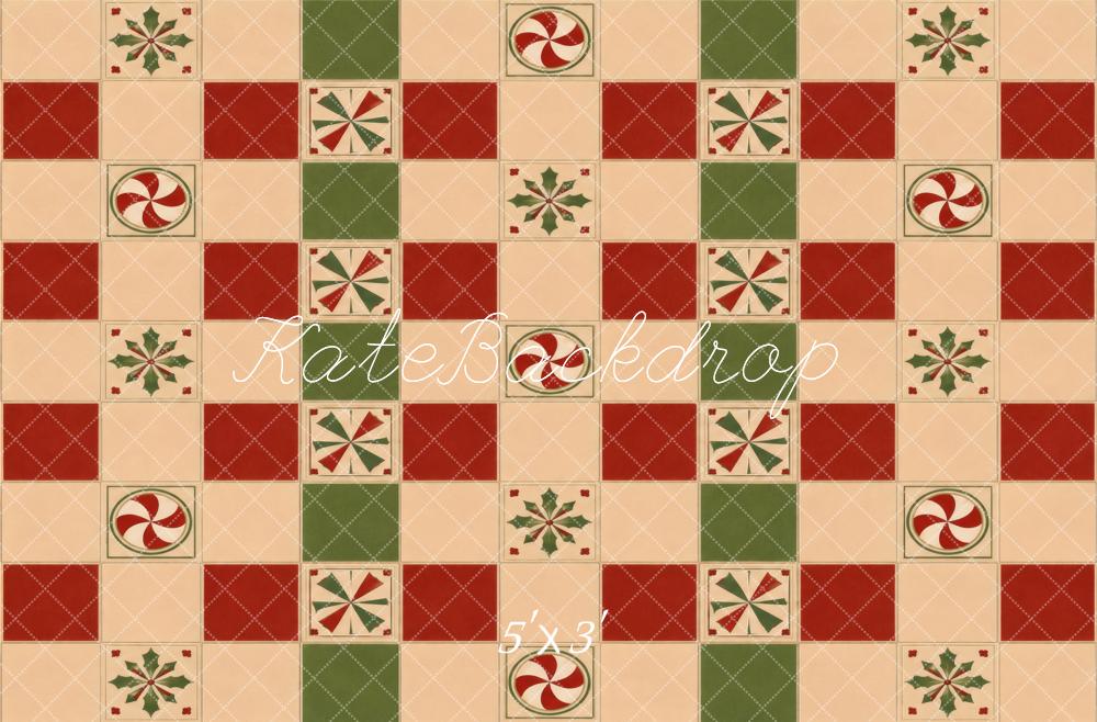 Kate Christmas Patchwork Peppermint Holly Checkerboard Floor Printed Backdrop Designed by Vertigo Productions