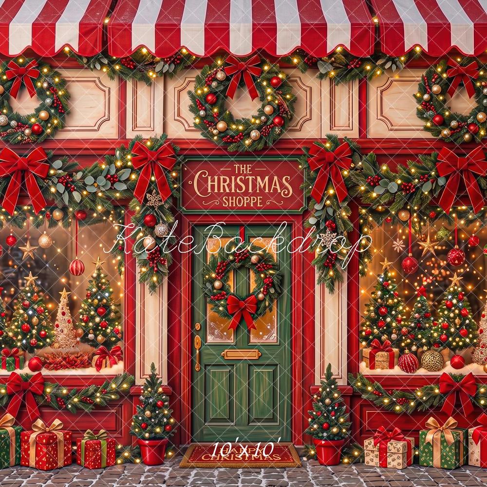 Kate Christmas Storefront Wreaths Gift Boxes Red Striped Awning Bow Printed Backdrop Designed by Angela Miller