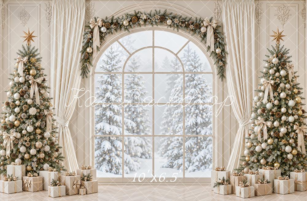 Kate Christmas Window Trees And Gifts Printed Backdrop Designed by Emetselch