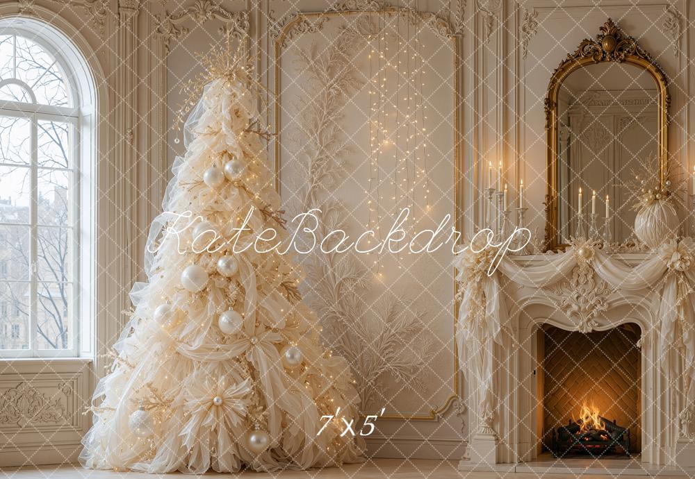 Kate Christmas Tree Luxury Ivory Tulle Fireplace Mirror Printed Backdrop Designed by Shutter Swan Studios