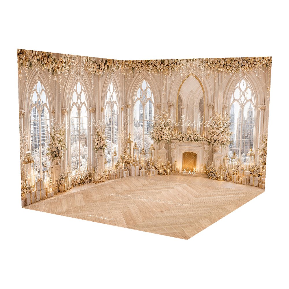 Kate Christmas Luxury White Floral Fireplace Windows City View Printed Backdrop Room Set