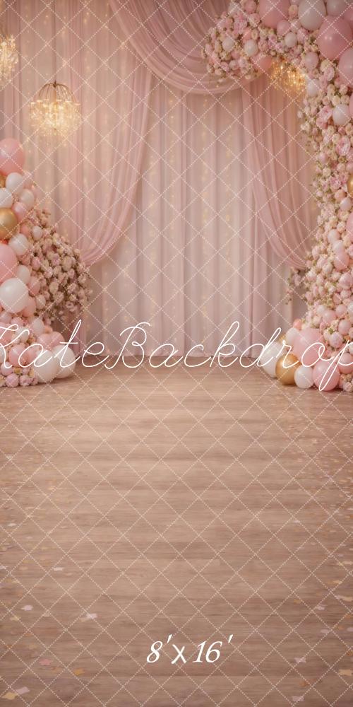 Kate Sweep Pink Flower Arch Balloons Drapes Chandelier Printed Backdrop Designed by Vertigo Productions