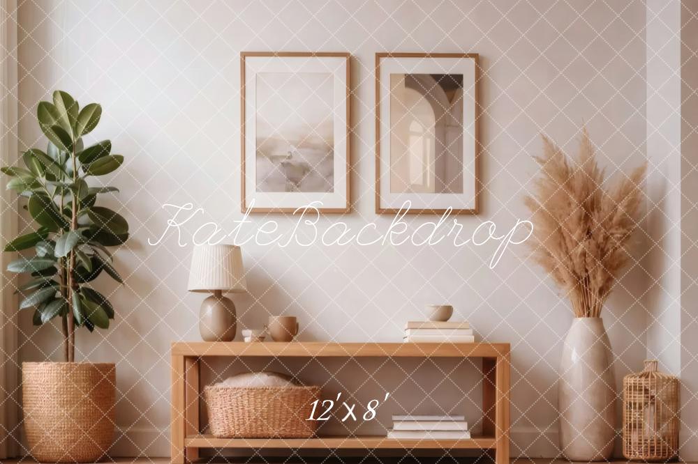 Kate Neutral Living Room Plant Cabinet Decor Printed Backdrop Designed by Vertigo Productions