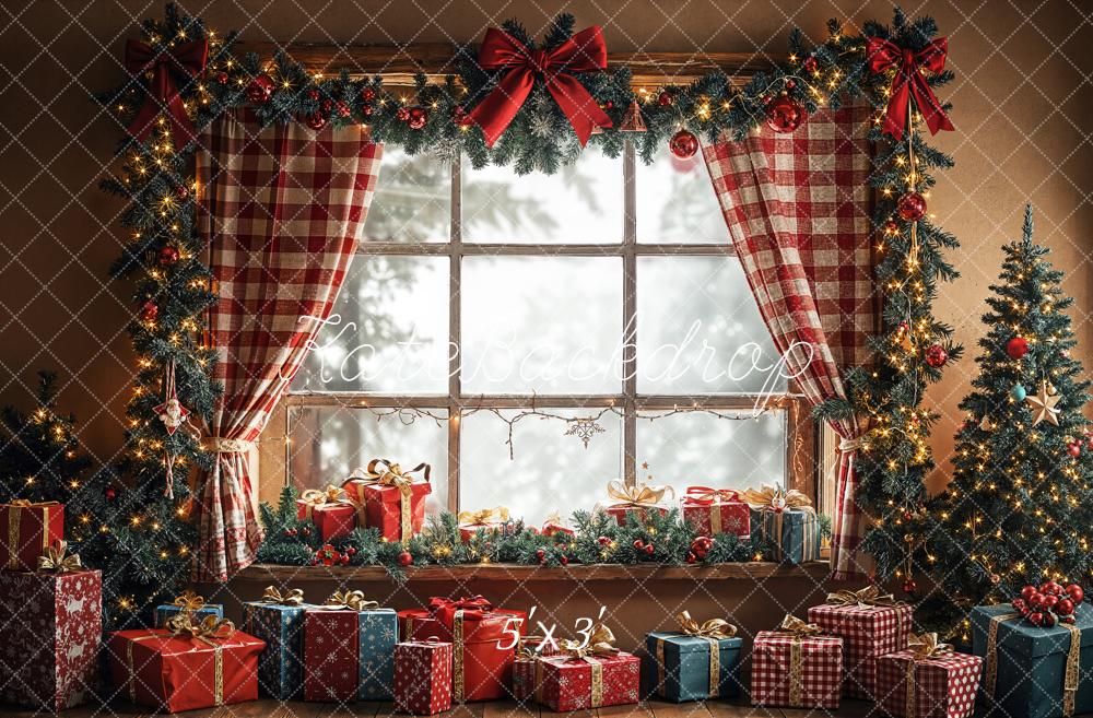 Cortinas de fondo del árbol de ventana de regalo de Navidad rojo a cuadros diseñadas por Emetselch