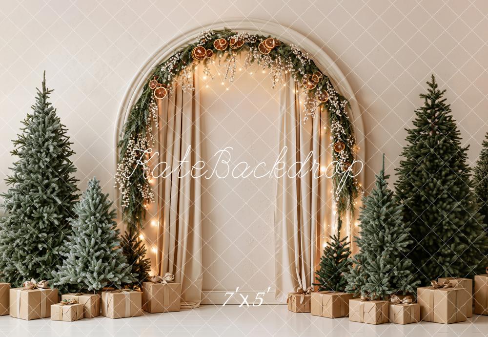 Kate Christmas Pine Garland Arch Pine Trees Presents Beige Printed Backdrop Designed by Emetselch