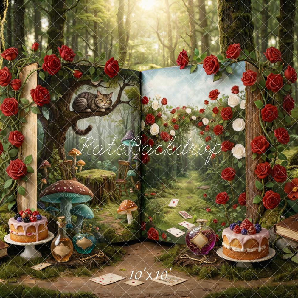Kate Fairy Fantasy Open Book Forest Roses Mushrooms Cat Backdrop Designed by Emetselch