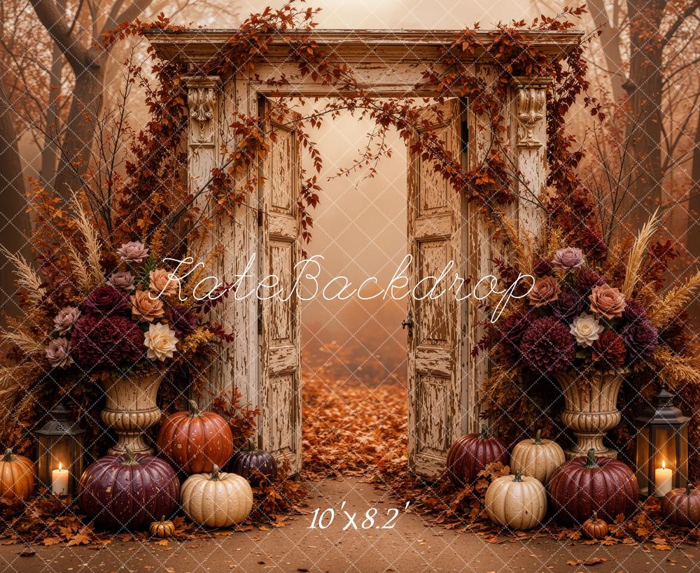 Kate Fall Vintage Door Floral Pumpkins Cozy Forest Printed Backdrop Designed by Jordan Moon