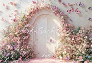 Kate Spring Flower Arch Pink Butterflies White Door Printed Backdrop Designed by Emetselch