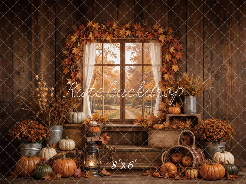 Kate Fall Pumpkins Window Maple Leaves Rustic Wood Printed Backdrop Designed by Emetselch