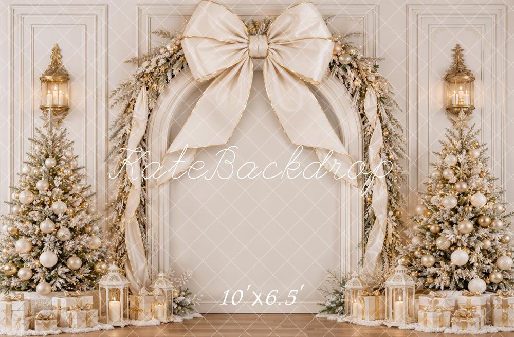 Kate Christmas White Gold Bow Luxury Trees Garland Printed Backdrop Designed by Emetselch