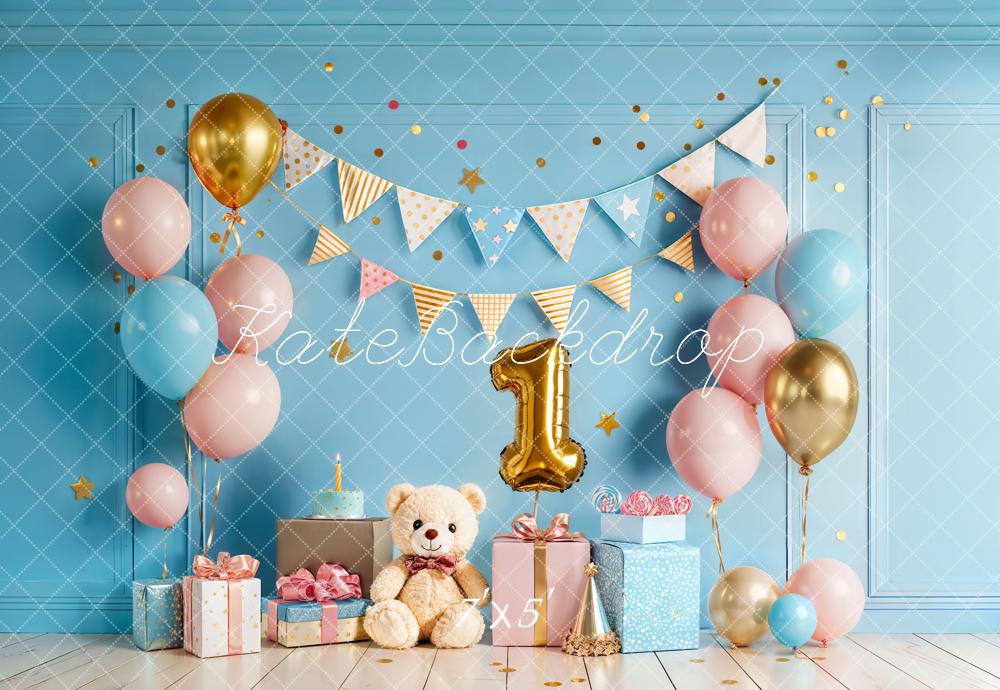 TEST Kate Cake Smash Blue Balloon Bunting Teddy Bear First Birthday Backdrop Designed by Chain Photography