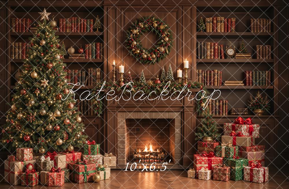 Kate Christmas Tree Fireplace Bookshelves Wreath Presents Printed Backdrop Designed by Emetselch