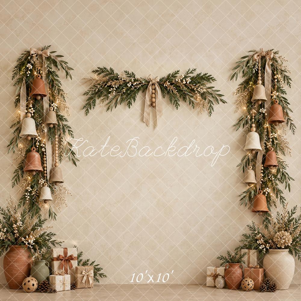 Kate Christmas Boho Bells Greenery Neutral Gifts Printed Backdrop Designed by Vertigo Productions