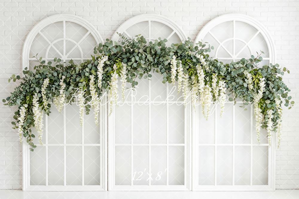 Kate Spring Flower Arch White Brick Windows Printed Backdrop Designed by Patty Roberts